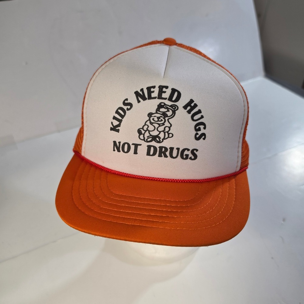 Vintage Headmost Kids Need Hugs Not Drugs Trucker Hat Orange Snapback Mesh Cap